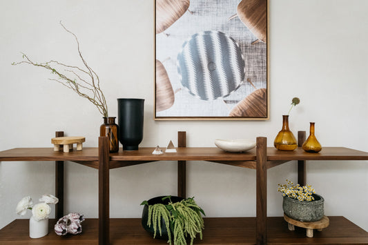 Styled walnut console with art and natural accessories —  where to start home design — A Design Lifestyle